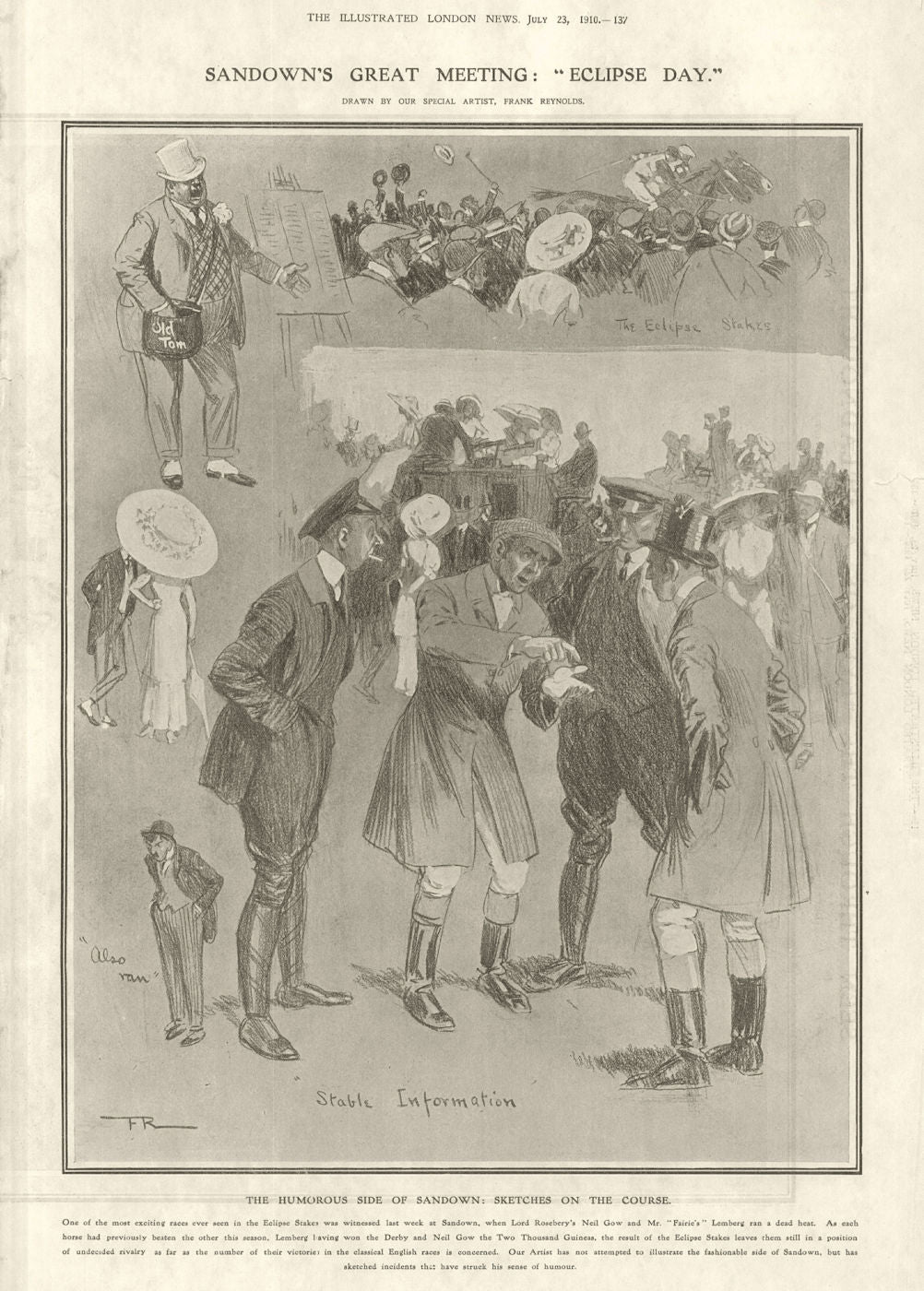 Sandown Park's Great Meeting. Eclipse Stakes. Humorous Side. Surrey 1910 print